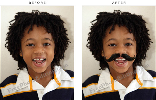 Moustache added to little boy's face with the help of photo editing.