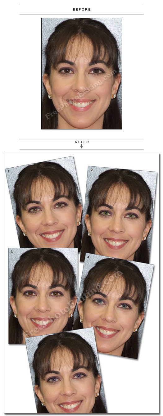 Photo editing used to change the contact lens colour tints: sterling gray, amethyst, green and hazel