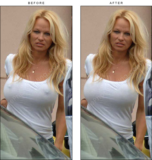 Retouch to hide nipple show. Pamela Anderson won't wear bra or nipple  covers. See 'before' & 'after